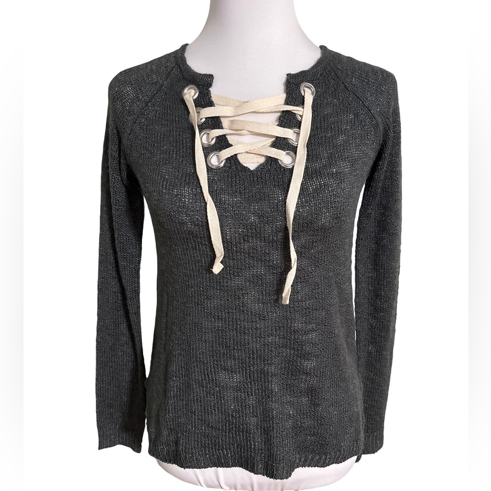 Xhilaration Gray V Neck Sweater with Cream Laces